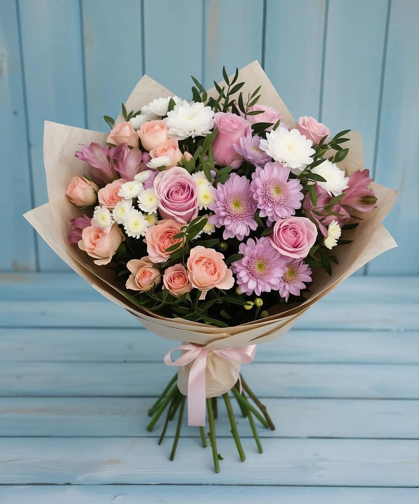 Букет цветов из: Хризантемы, Розы и Альстромерии в Чике