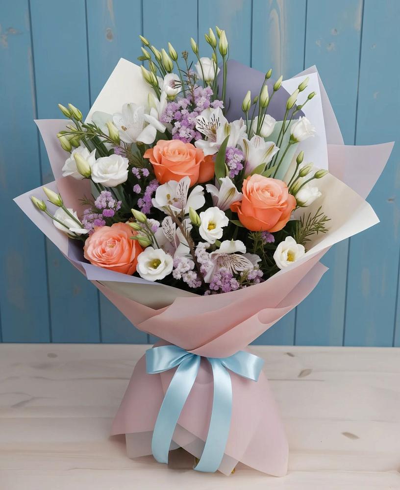 Букет цветов из: Лизиантусы, Розы, Альстромерии и Гипсофила в Чике