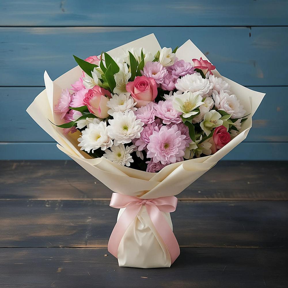 Букет цветов из: Хризантемы, Альстромерии и Розы в Чике